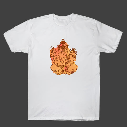 A white T-shirt featuring a colorful artistic depiction of Lord Ganesha in shades of orange and yellow, radiating a warm, spiritual glow. A perfect blend of tradition and modern design for devotees and art lovers alike.