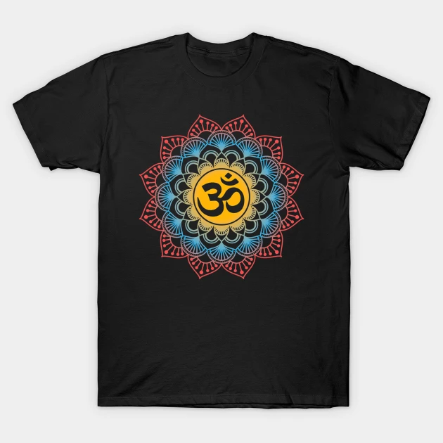 Black T-Shirt with a colorful mandala design featuring an orange Om symbol in the center, suitable for meditation or yoga.