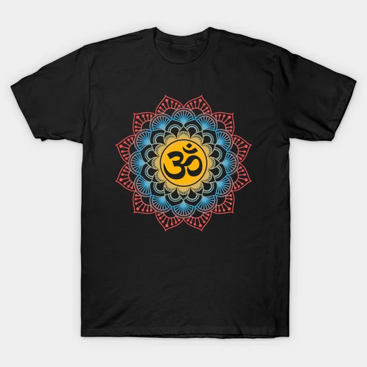 Black T-Shirt with a colorful mandala design featuring an orange Om symbol in the center, suitable for meditation or yoga.