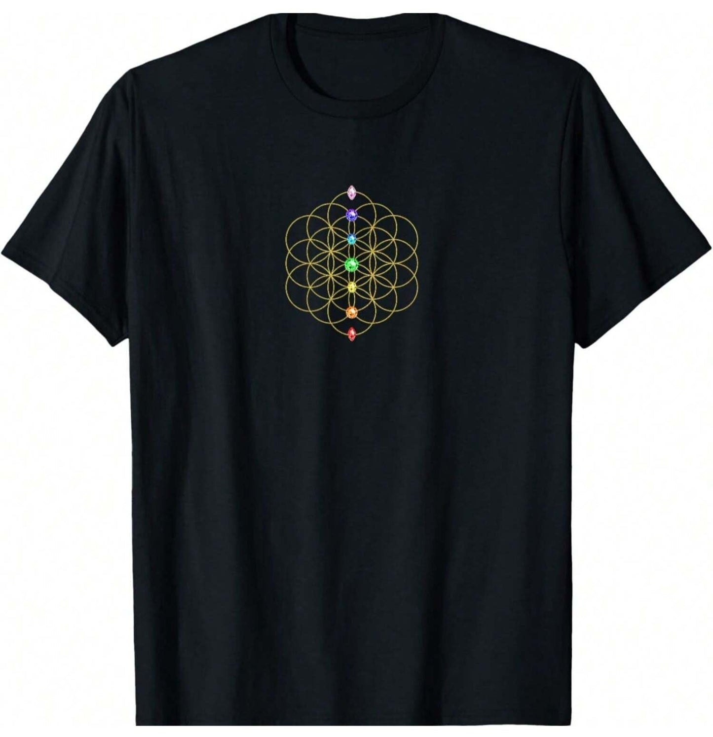 Black T-Shirt with a yellow Flower of Life pattern and seven colorful chakra stones arranged vertically in the center.