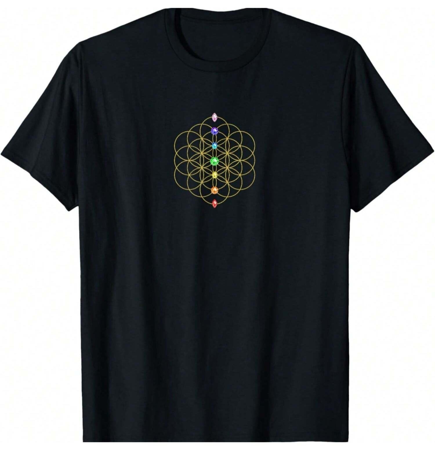 Black T-Shirt with a yellow Flower of Life pattern and seven colorful chakra stones arranged vertically in the center.
