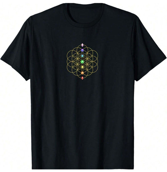 Black T-Shirt with a yellow Flower of Life pattern and seven colorful chakra stones arranged vertically in the center.