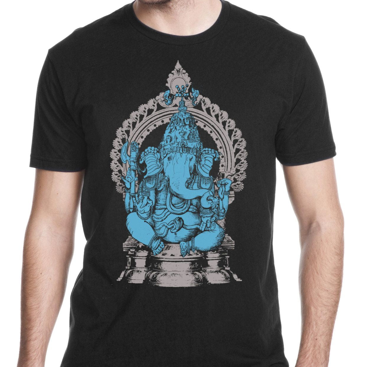A black t-shirt featuring a detailed, majestic Ganesha illustration in blue hues, a divine blessing to wear.