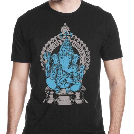 A black t-shirt featuring a detailed, majestic Ganesha illustration in blue hues, a divine blessing to wear.