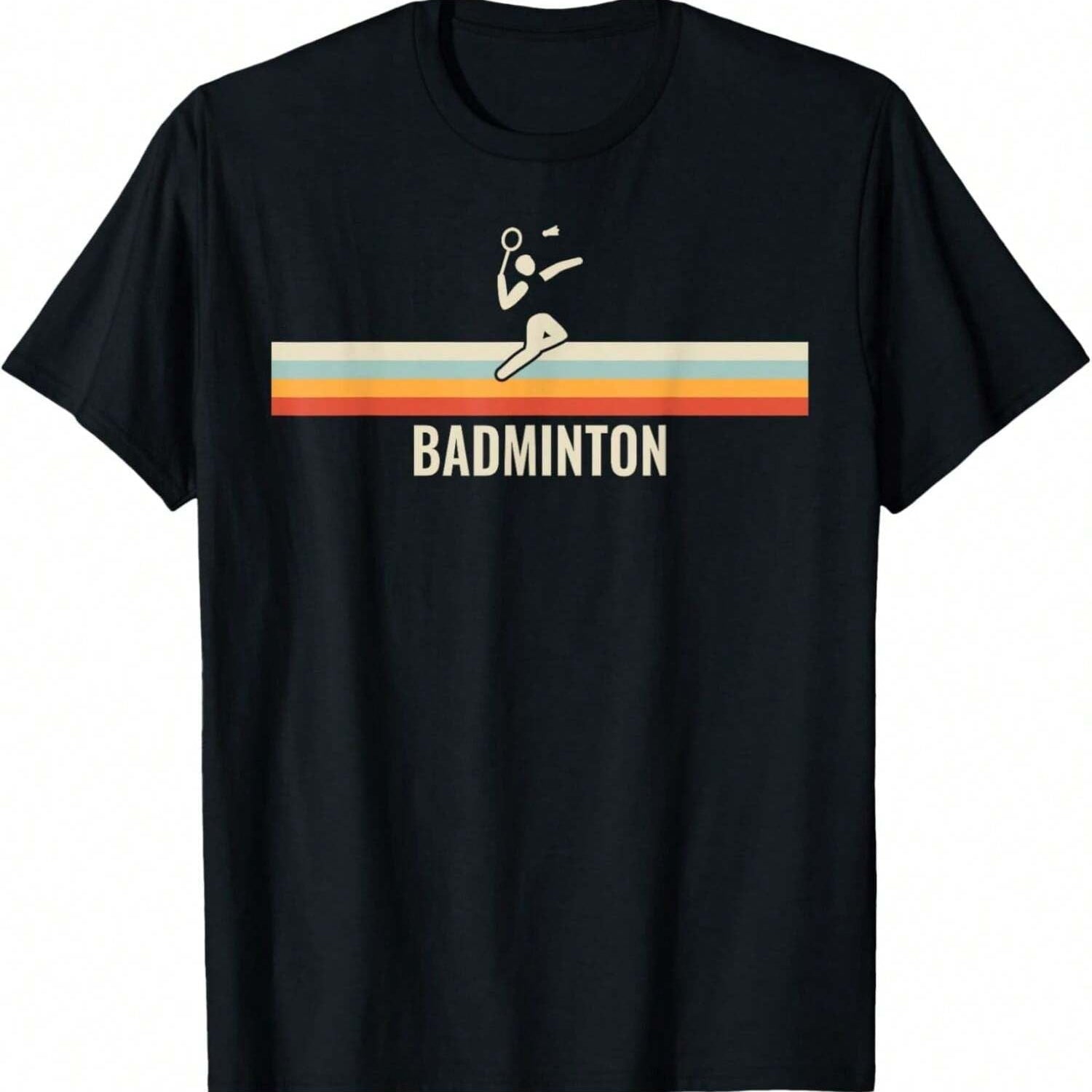 Black T-shirt featuring a minimalist badminton player icon above a retro-colored stripe design with the word 'BADMINTON' in bold letters.