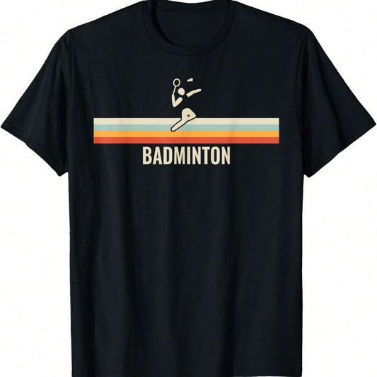 Black T-shirt featuring a minimalist badminton player icon above a retro-colored stripe design with the word 'BADMINTON' in bold letters.