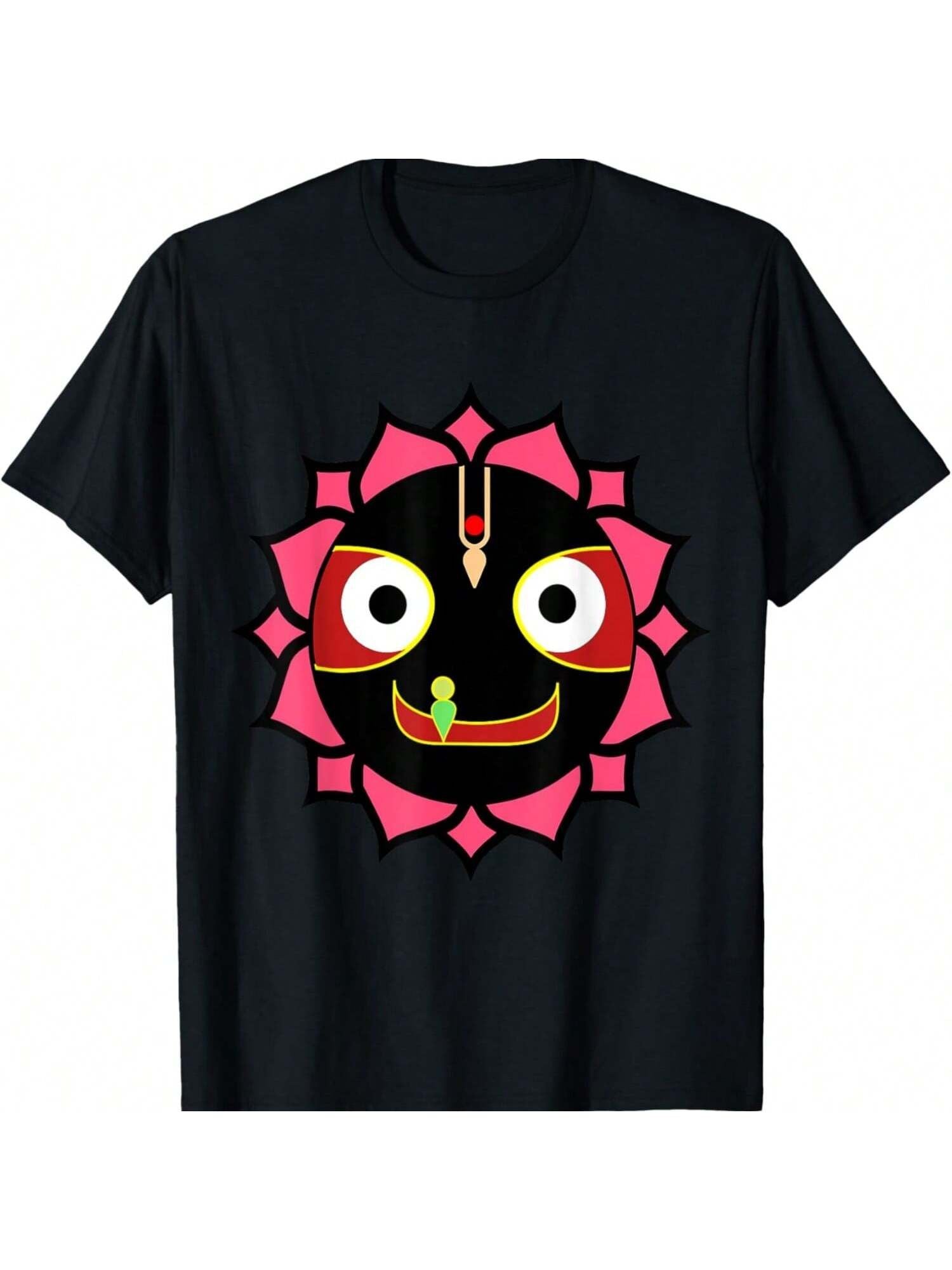 A black t-shirt with Jagannath's smiling face within a lotus design, expressing the blissful gaze of the deity. 