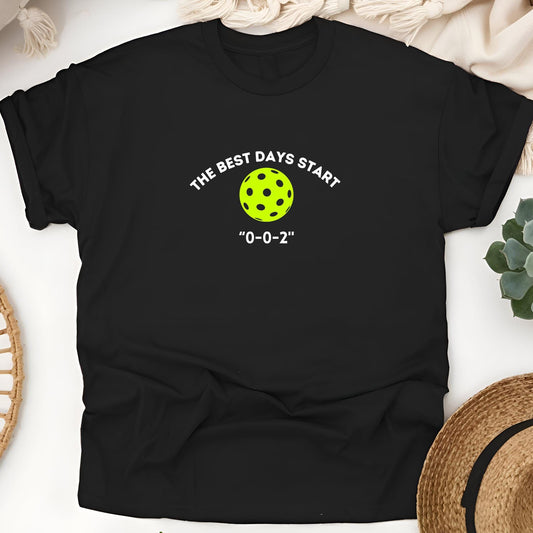 Black t-shirt with "Eat Sleep Pickleball" text, paddles, and balls graphic on the back.
