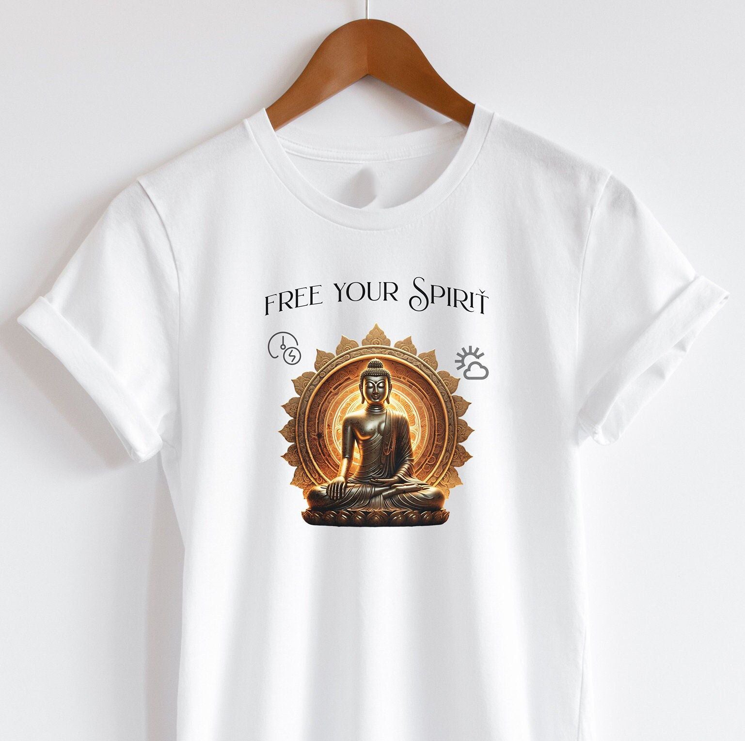A white t-shirt featuring a Buddha illustration and "Free Your Spirit" text, a reminder to find inner peace and liberation on the path.