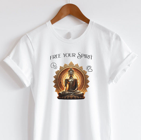 A white t-shirt featuring a Buddha illustration and "Free Your Spirit" text, a reminder to find inner peace and liberation on the path.