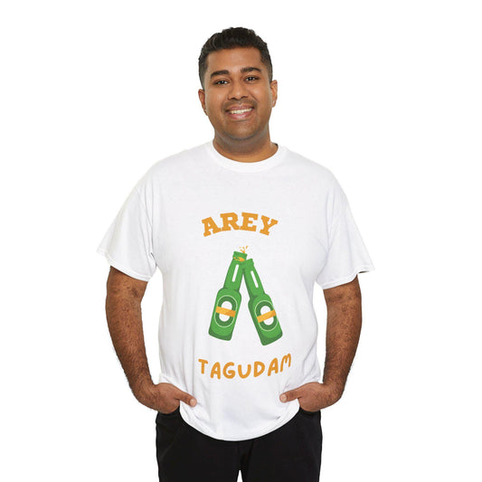 White t-shirt with the Telugu phrase 'Arey Tagudam' and two clinking beer bottles graphic. Humorous, drinking-themed design on a comfortable t-shirt