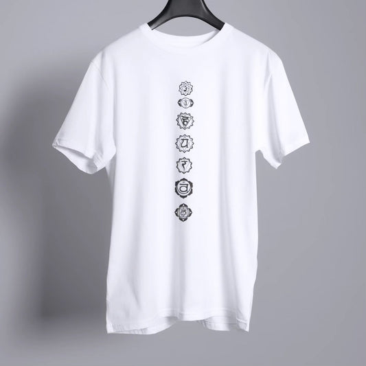 White T-Shirt with seven black chakra symbols arranged vertically, in a minimalist style, suitable for yoga or meditation.