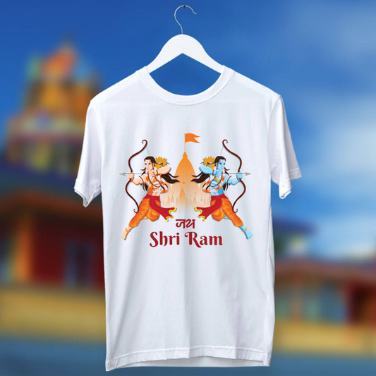 White T-Shirt with two images of Shri Ram holding bows and arrows, facing each other, with "Jai Shri Ram" written below.