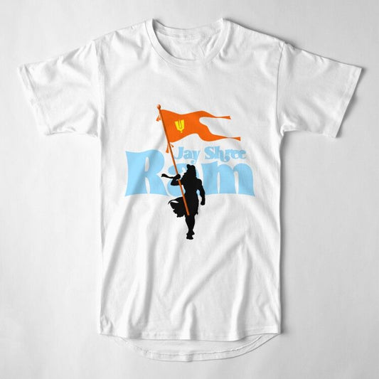 White T-Shirt with a silhouette of a figure holding a flag, and "Jay Shree Ram" written in blue and white stylized letters.