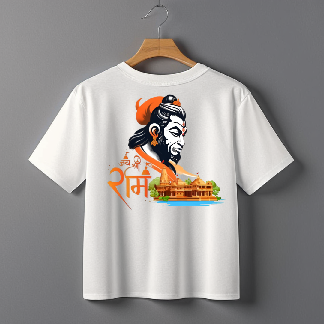 White T-Shirt with a graphic illustration of Hanuman's head, Ram Mandir (temple), and "जय श्री राम" (Jai Shri Ram) written in Devanagari script.