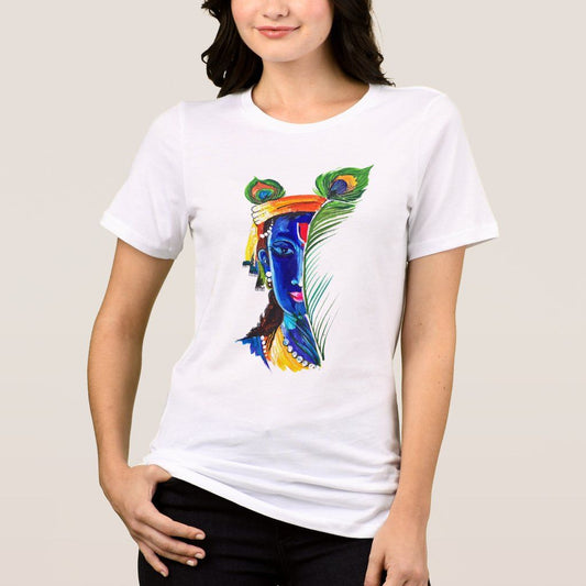 White t-shirt with a colorful, watercolor-style portrait of Krishna partially obscured by a peacock feather.