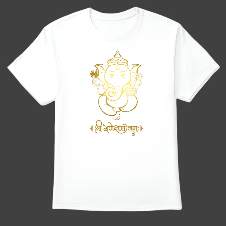 A white t-shirt with a golden Ganesha image and the mantra "Shri Ganeshaya Namah," a sacred offering. 