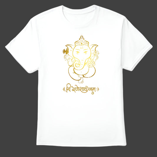 A white t-shirt with a golden Ganesha image and the mantra "Shri Ganeshaya Namah," a sacred offering. 