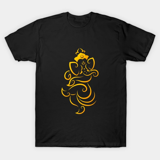 A black t-shirt featuring a stylized, flowing Ganesha design in gold, a symbol of divine grace and blessings.