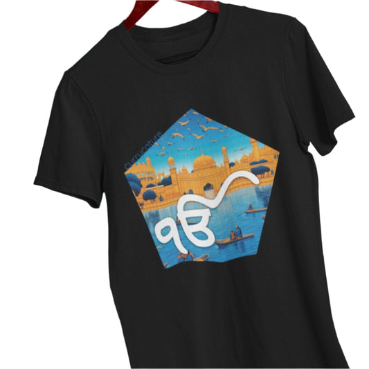 A black t-shirt featuring the Ik Onkar symbol and a stylized cityscape, symbolizing the divine unity and grace found in urban spaces. 