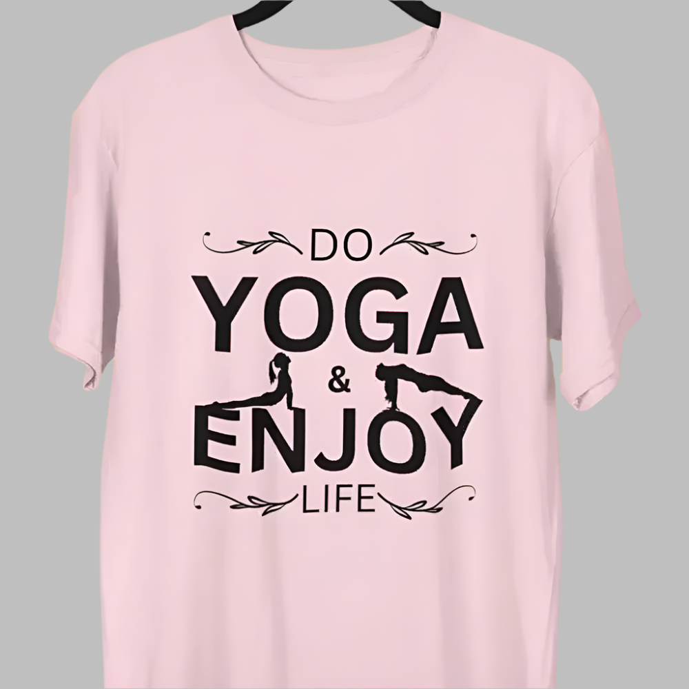 Light pink t-shirt with "Do Yoga & Enjoy Life" quote and yoga pose.