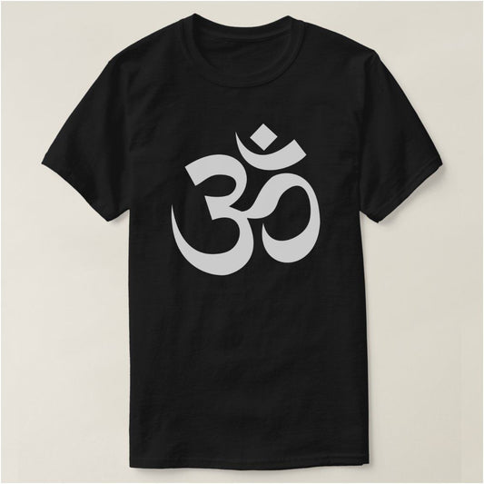 Black T-Shirt with a simple, solid white graphic of the Om symbol centered on the chest.