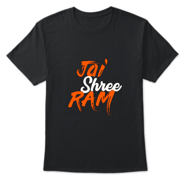 Black T-Shirt with "Jai Shree Ram" written in a modern, stylized script with orange and white colors.