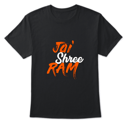 Black T-Shirt with "Jai Shree Ram" written in a modern, stylized script with orange and white colors.