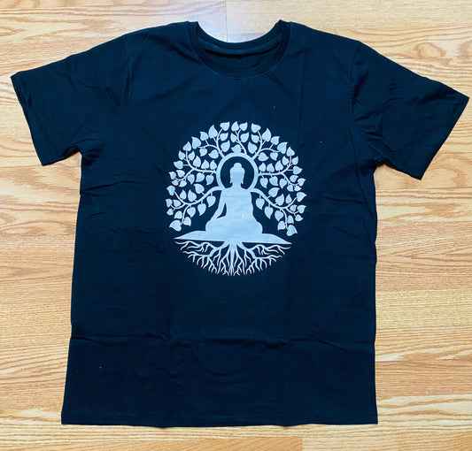 A black t-shirt featuring a white Buddha silhouette under a Bodhi tree, symbolizing enlightenment and inner peace.