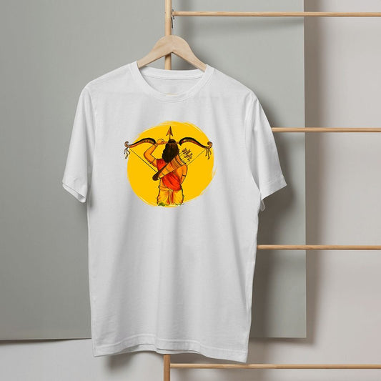 White T-Shirt with an ethnic-style illustration of Shri Ram holding a bow and arrow, facing away, against a yellow circle.