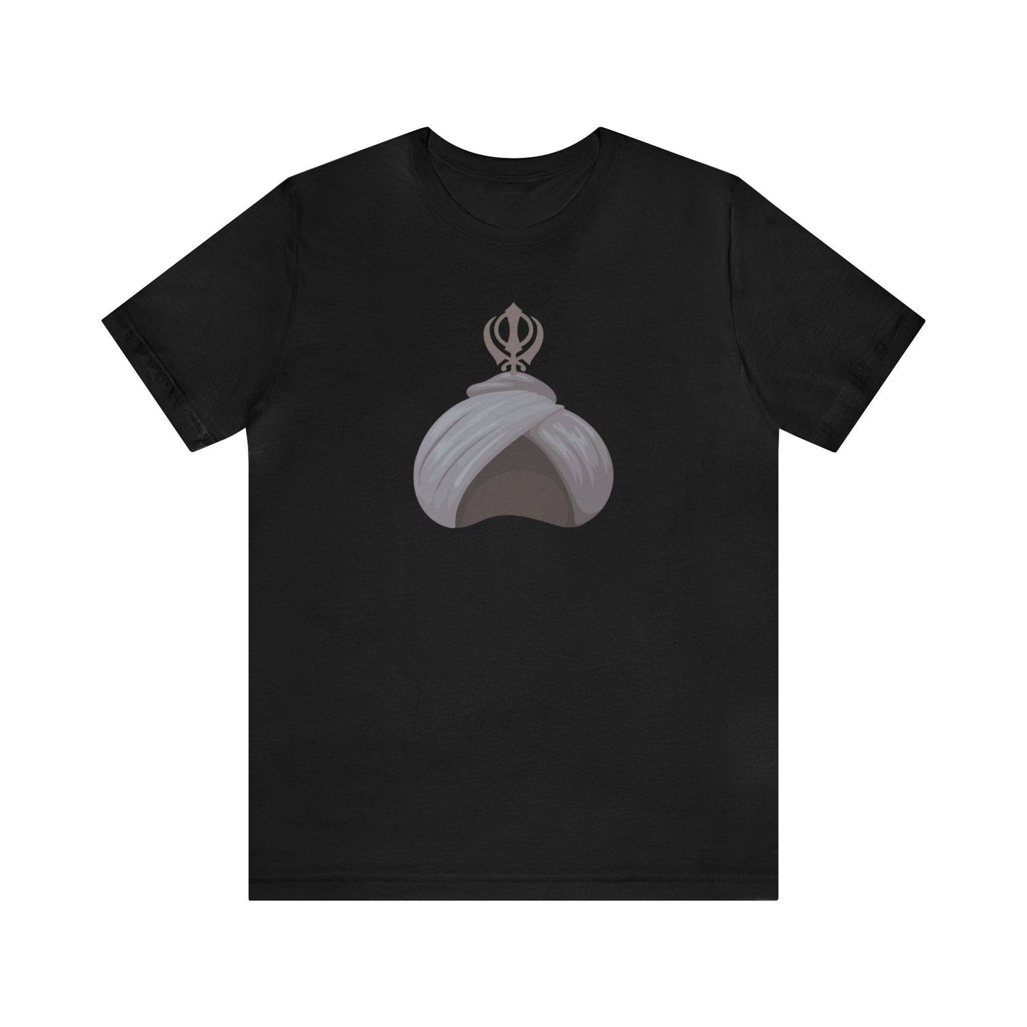 A black t-shirt featuring a Dastar (turban) and Khanda, symbolizing Sikh pride and divine faith.