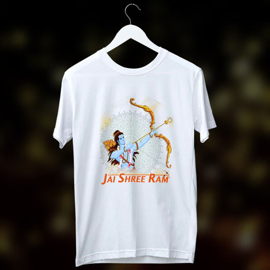 White T-Shirt with a detailed illustration of Shri Ram holding a golden bow and arrow, and "Jai Shree Ram" written below.