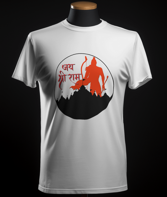 White T-Shirt with a red and black silhouette of Shri Ram within a circle, and "जय श्री राम" (Jai Shri Ram) written in Devanagari script.