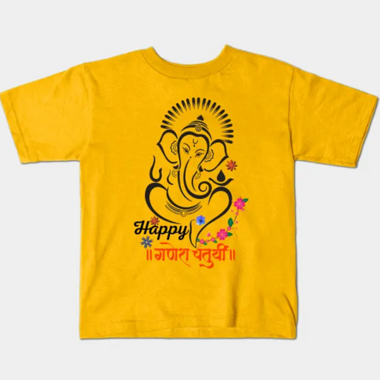 A Yellow t-shirt celebrating Ganesh Chaturthi with a Ganesh graphic and festive greetings, a joyful offering.