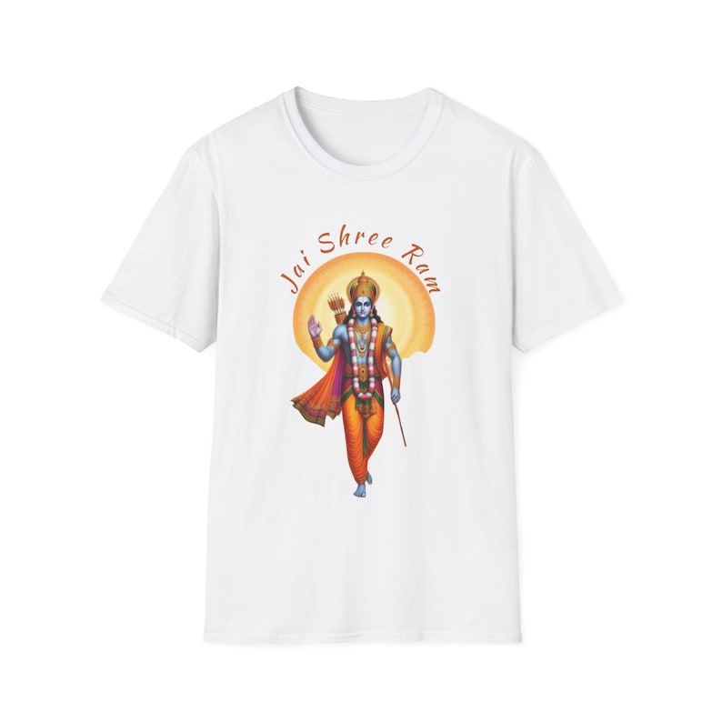 White T-Shirt with a full-color image of Shri Ram holding a bow and arrow, with "Jai Shree Ram" written in an arc above.