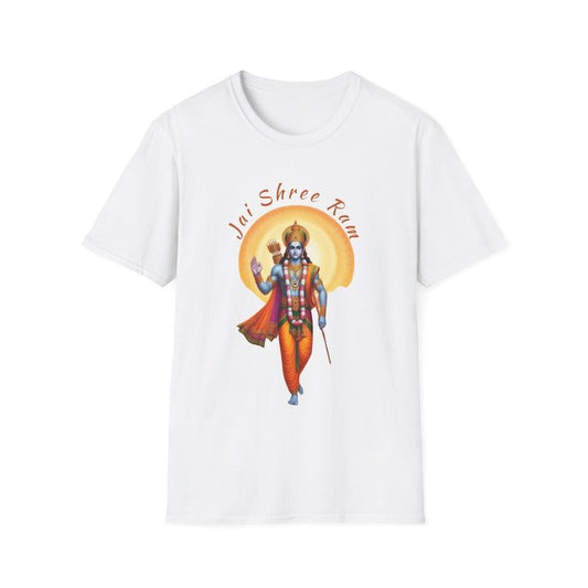 White T-Shirt with a full-color image of Shri Ram holding a bow and arrow, with "Jai Shree Ram" written in an arc above.