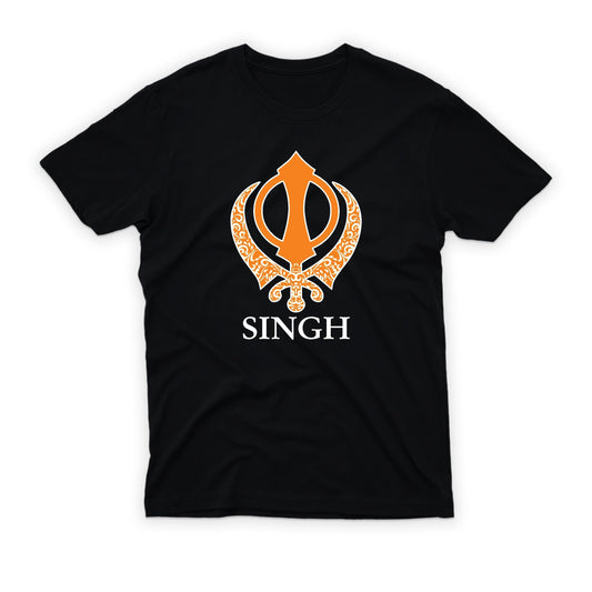 A black t-shirt featuring a Khanda and "Singh," symbols associated with Sikh identity and lionhearted faith.