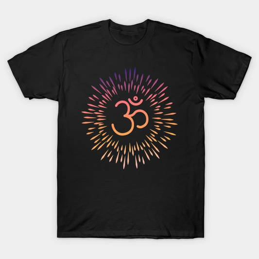 Black T-Shirt with a colorful graphic of the Om symbol surrounded by radiating lines in purple and orange hues.