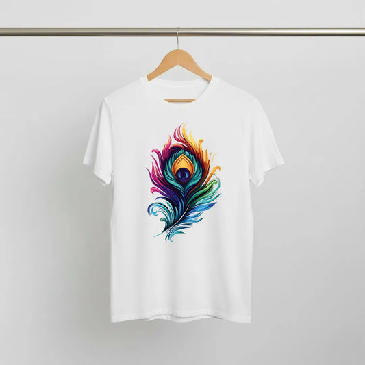 Krishna's Peacock Gaze T-Shirt: Watercolor Art Design