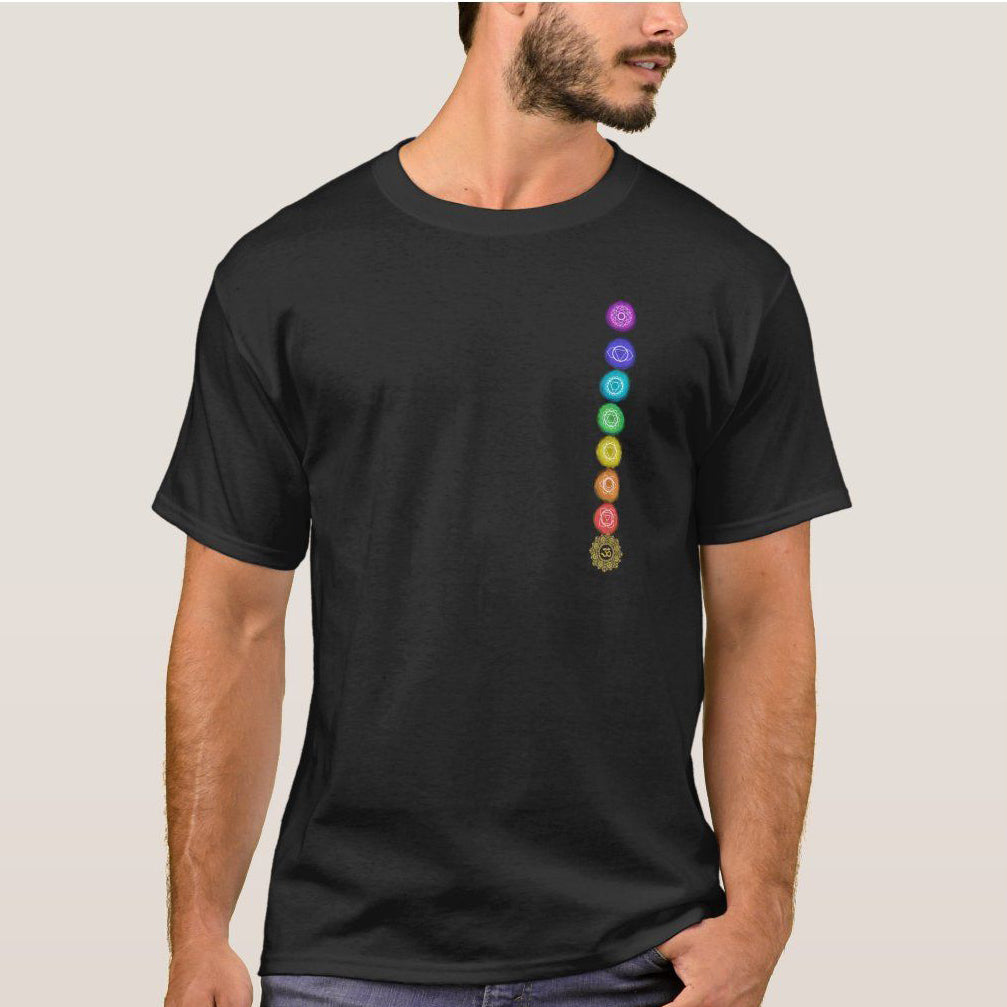 Black T-Shirt with seven colorful chakra symbols arranged vertically on the chest, suitable for yoga or meditation.
