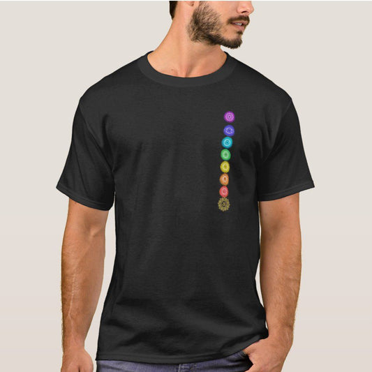 Black T-Shirt with seven colorful chakra symbols arranged vertically on the chest, suitable for yoga or meditation.