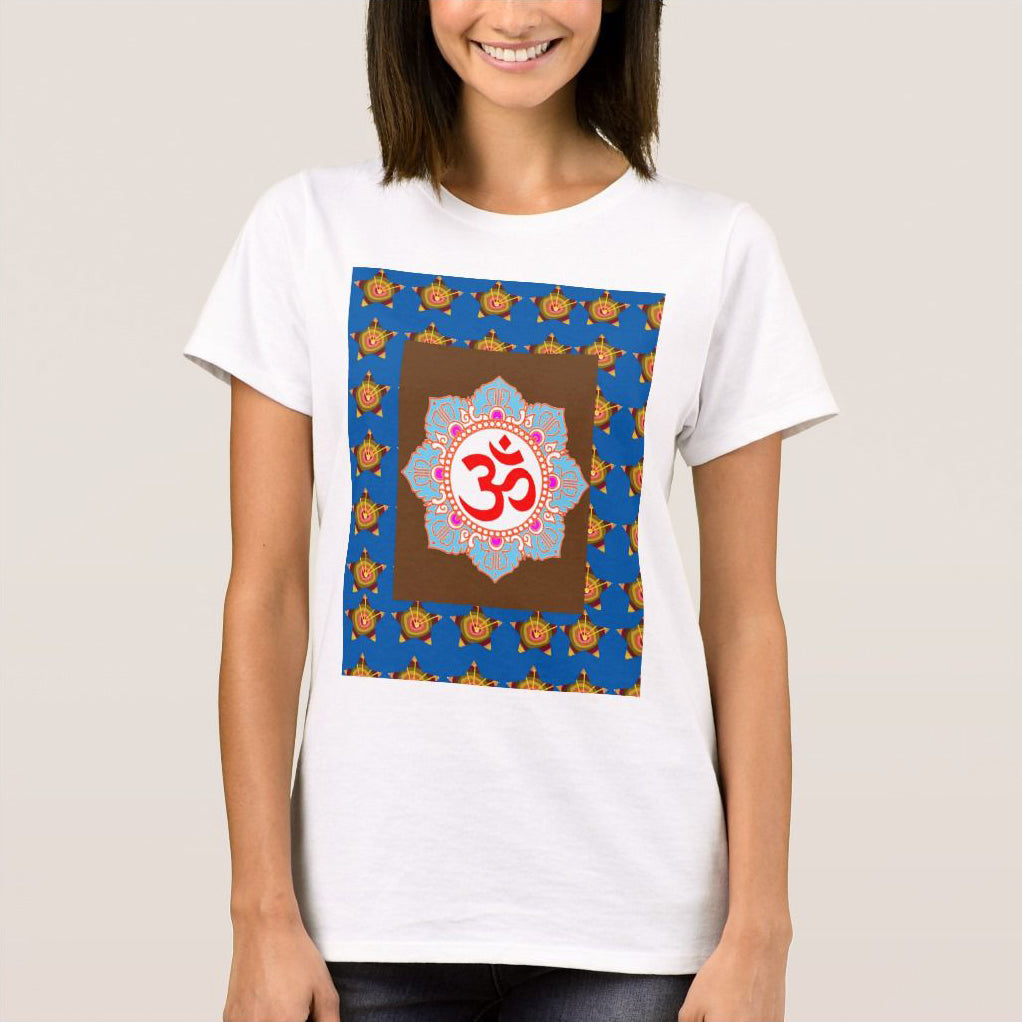 White women's T-Shirt with a colorful square graphic featuring an Om symbol within a mandala design, and a border with turtle-like patterns.