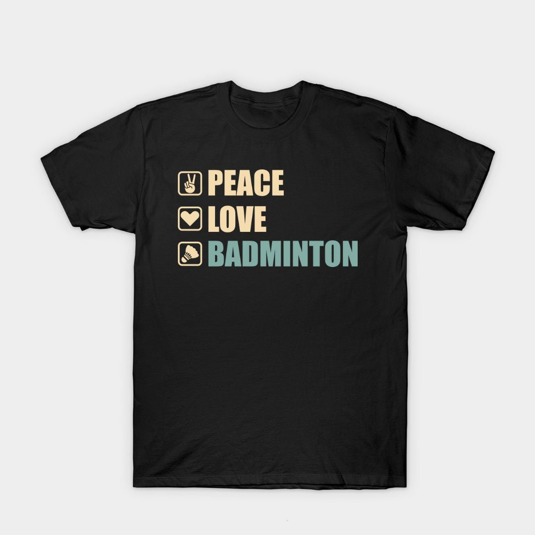 Black t-shirt with "Badminton Calling Me" text and a colorful abstract badminton player.
