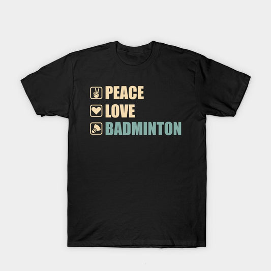 Black t-shirt with "Badminton Calling Me" text and a colorful abstract badminton player.