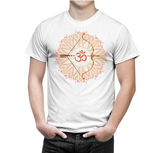 White T-Shirt with an orange Om symbol, a bow and arrow graphic, and a mandala design.