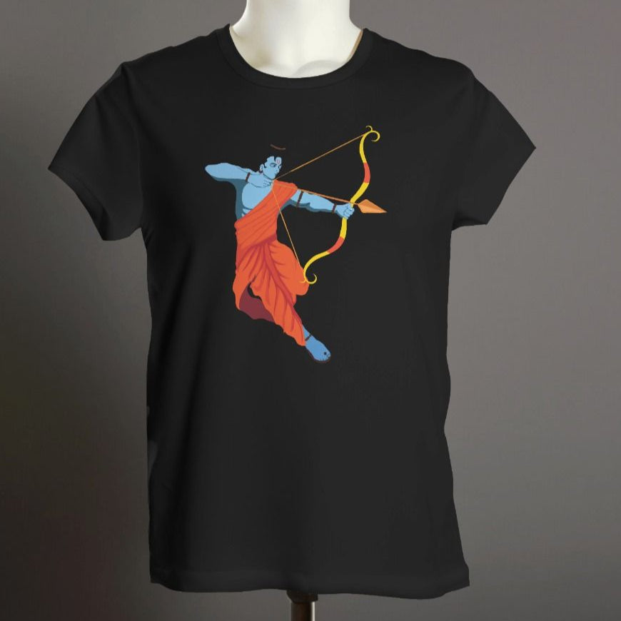 Black T-Shirt with a blue and orange illustration of Shri Ram in an action pose, holding a golden bow and arrow.
