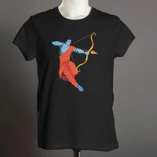 Black T-Shirt with a blue and orange illustration of Shri Ram in an action pose, holding a golden bow and arrow.