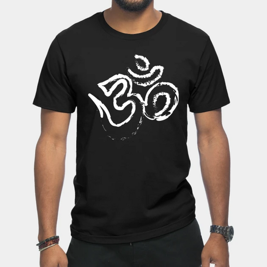Black T-Shirt with a white graphic of the Om symbol designed in a brushstroke style.