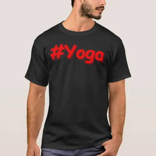 Black t-shirt with "#Yoga" in red text, worn by a man.