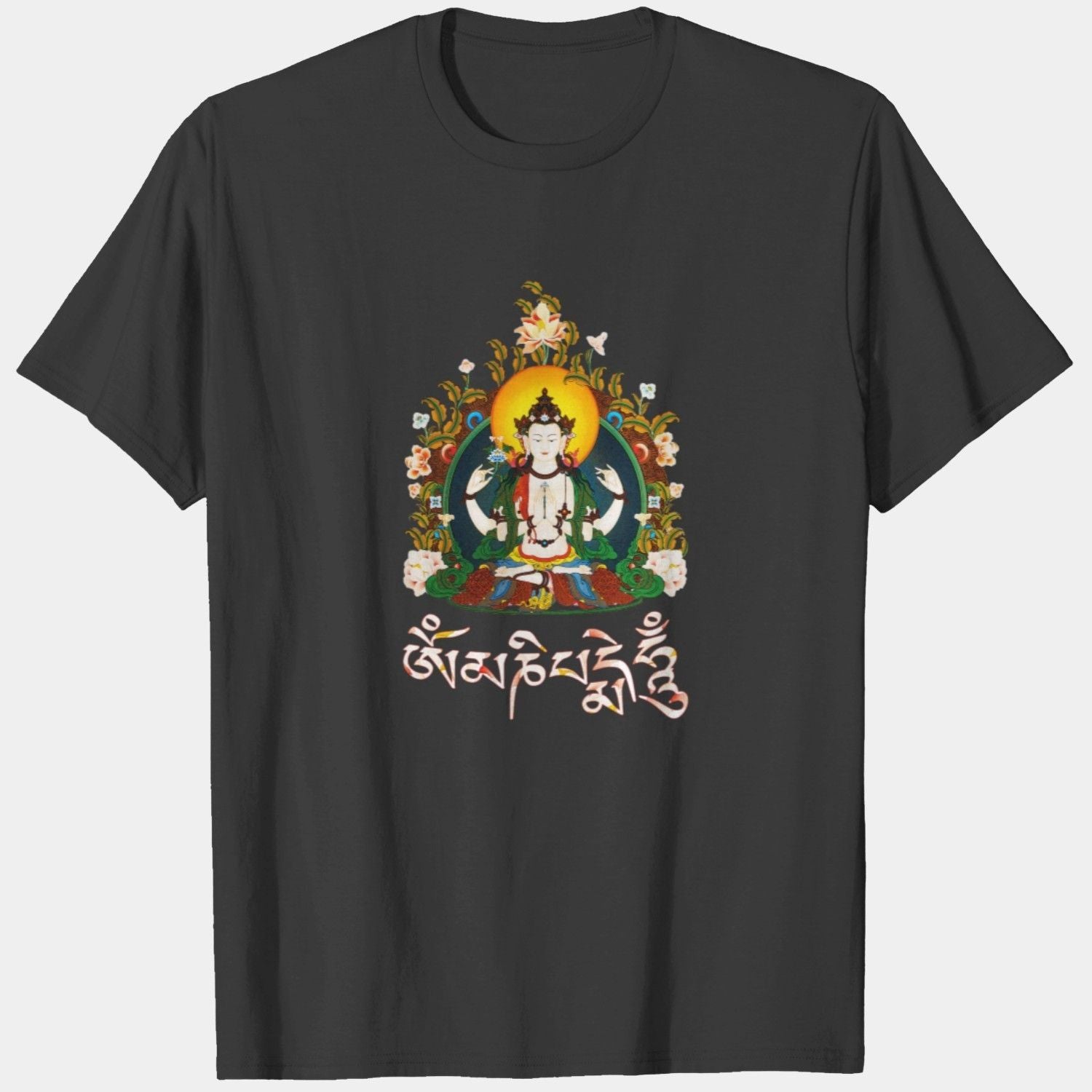 A black t-shirt featuring Amitabha Buddha and the "Om Mani Padme Hum" mantra, a symbol of compassion and light on the path.